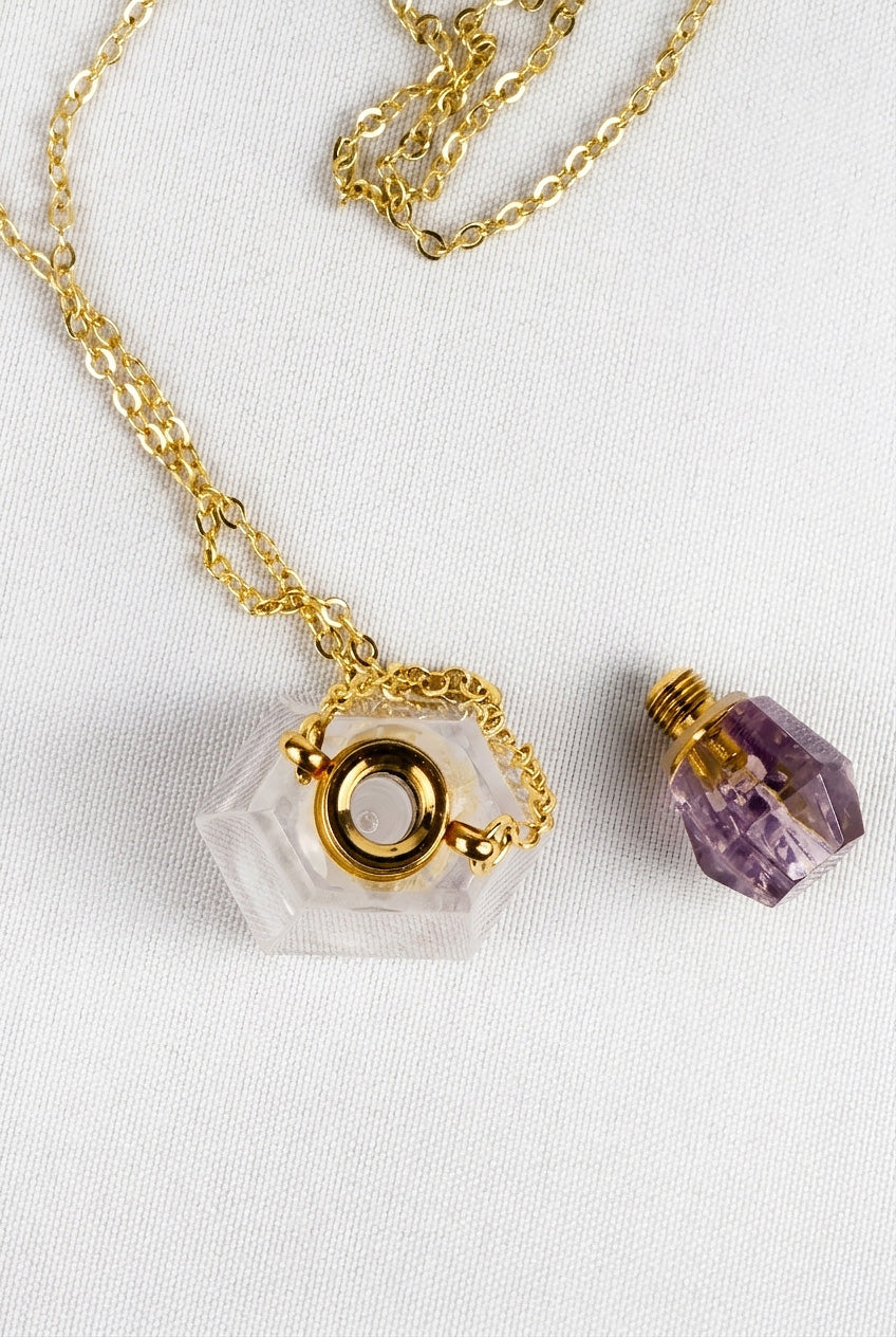 Amethyst Fillable Perfume Bottle Necklace 18K Gold Plated