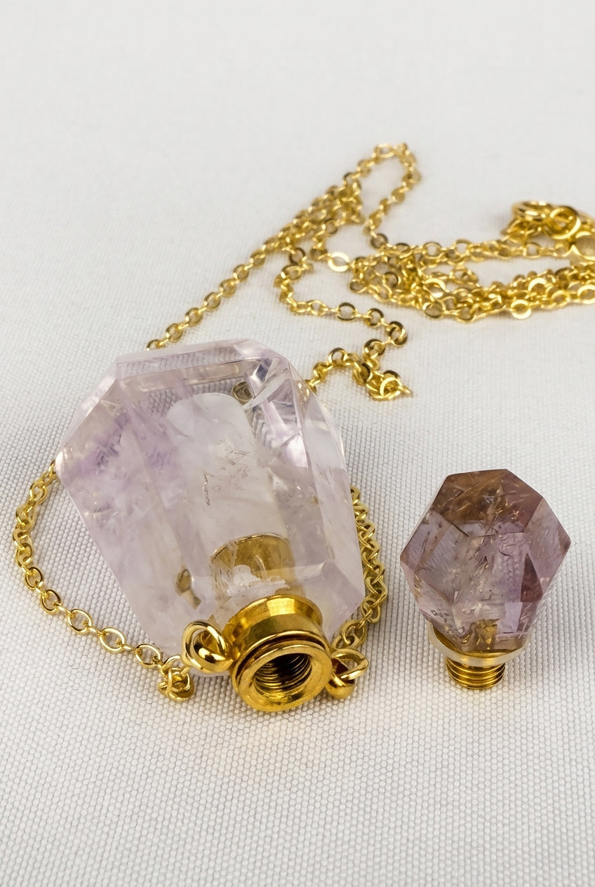 Amethyst Fillable Perfume Bottle Necklace 18K Gold Plated