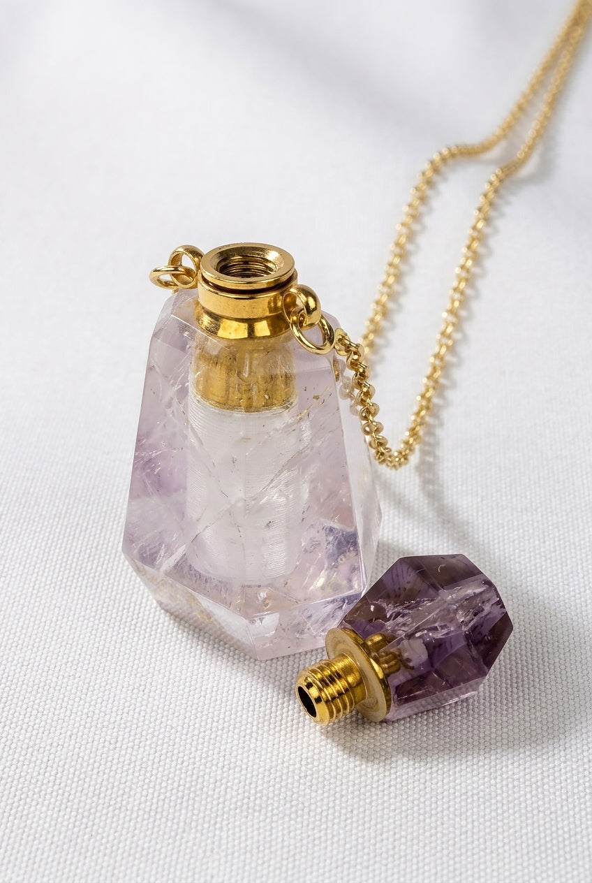Amethyst Fillable Perfume Bottle Necklace 18K Gold Plated