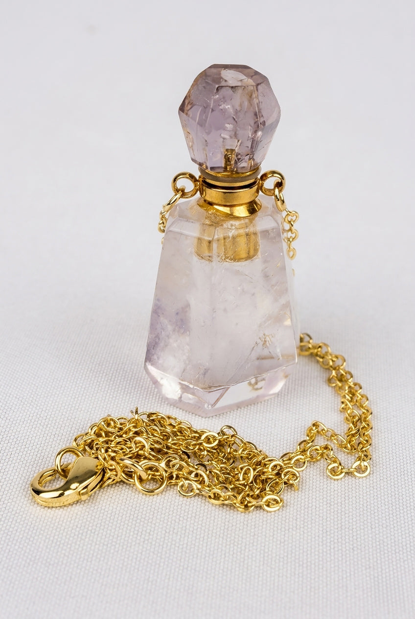 Amethyst Fillable Perfume Bottle Necklace 18K Gold Plated