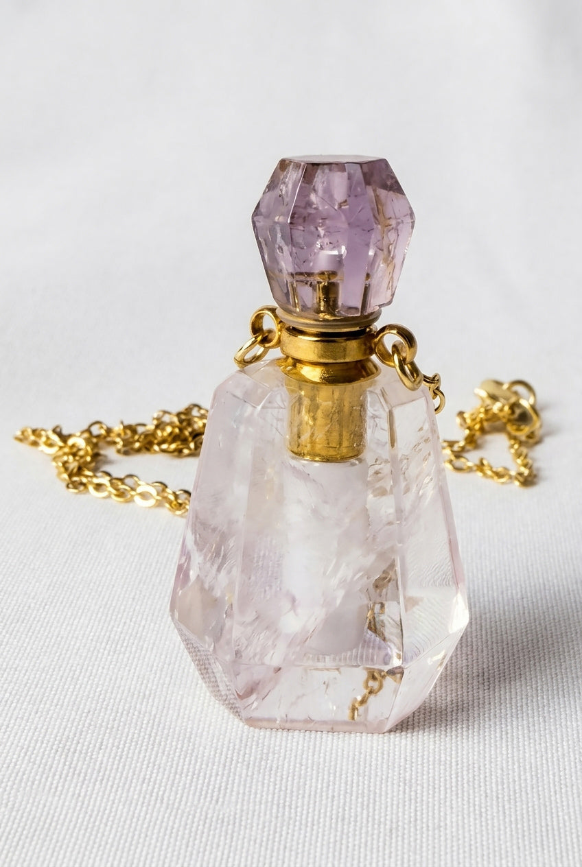 Amethyst Fillable Perfume Bottle Necklace 18K Gold Plated
