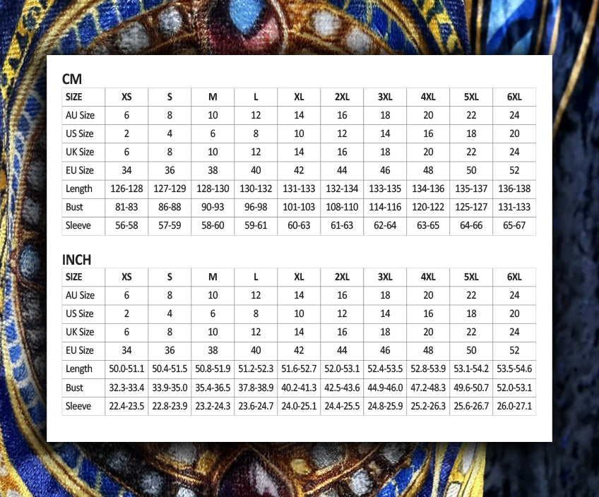 Size guide for Midnight Mandala Velvet Maxi Dress