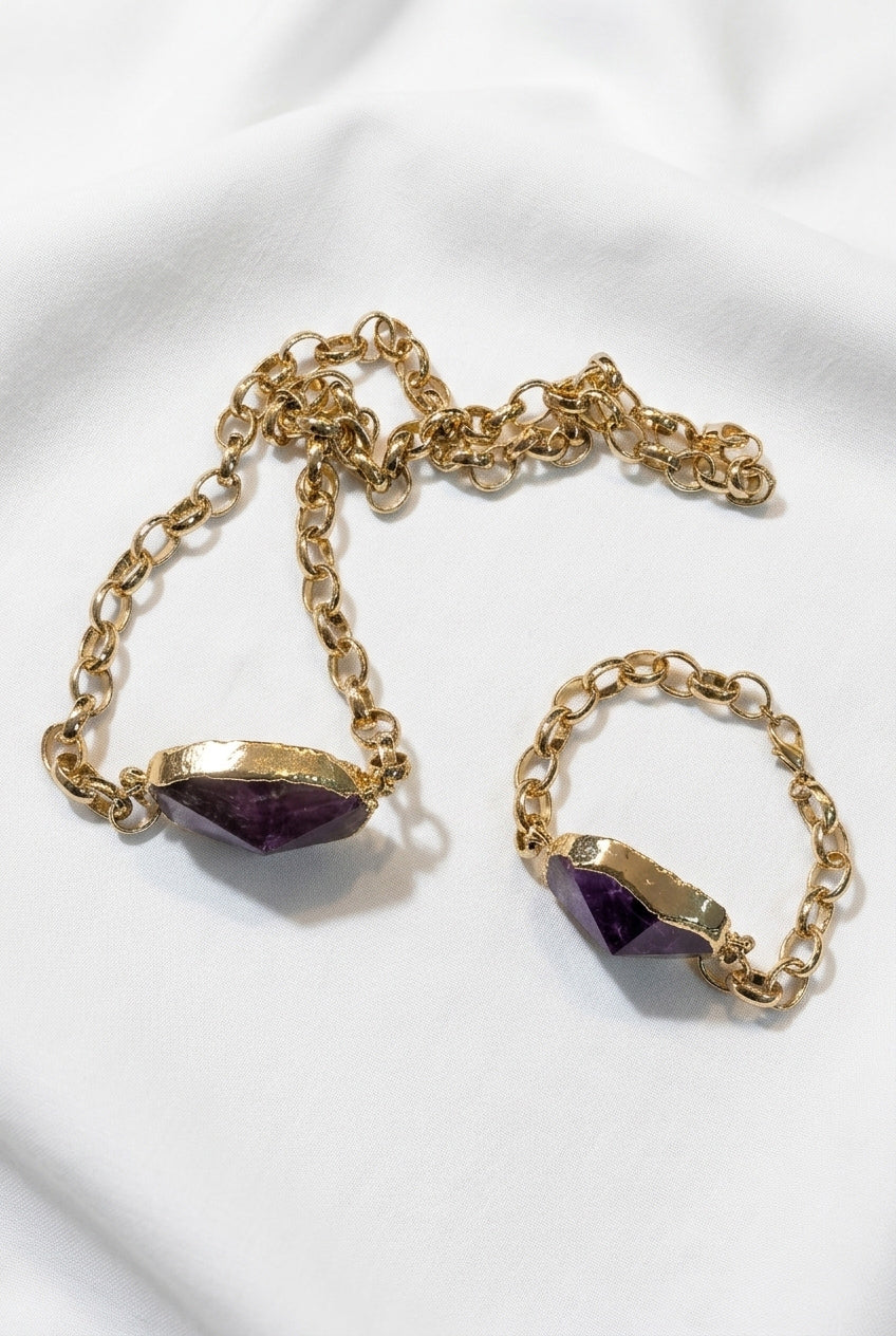 Dark Amethyst Necklace & Bracelet Set 18K Gold Plated