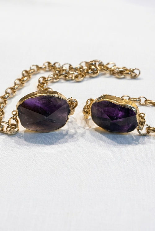 Dark Amethyst Necklace & Bracelet Set 18K Gold Plated