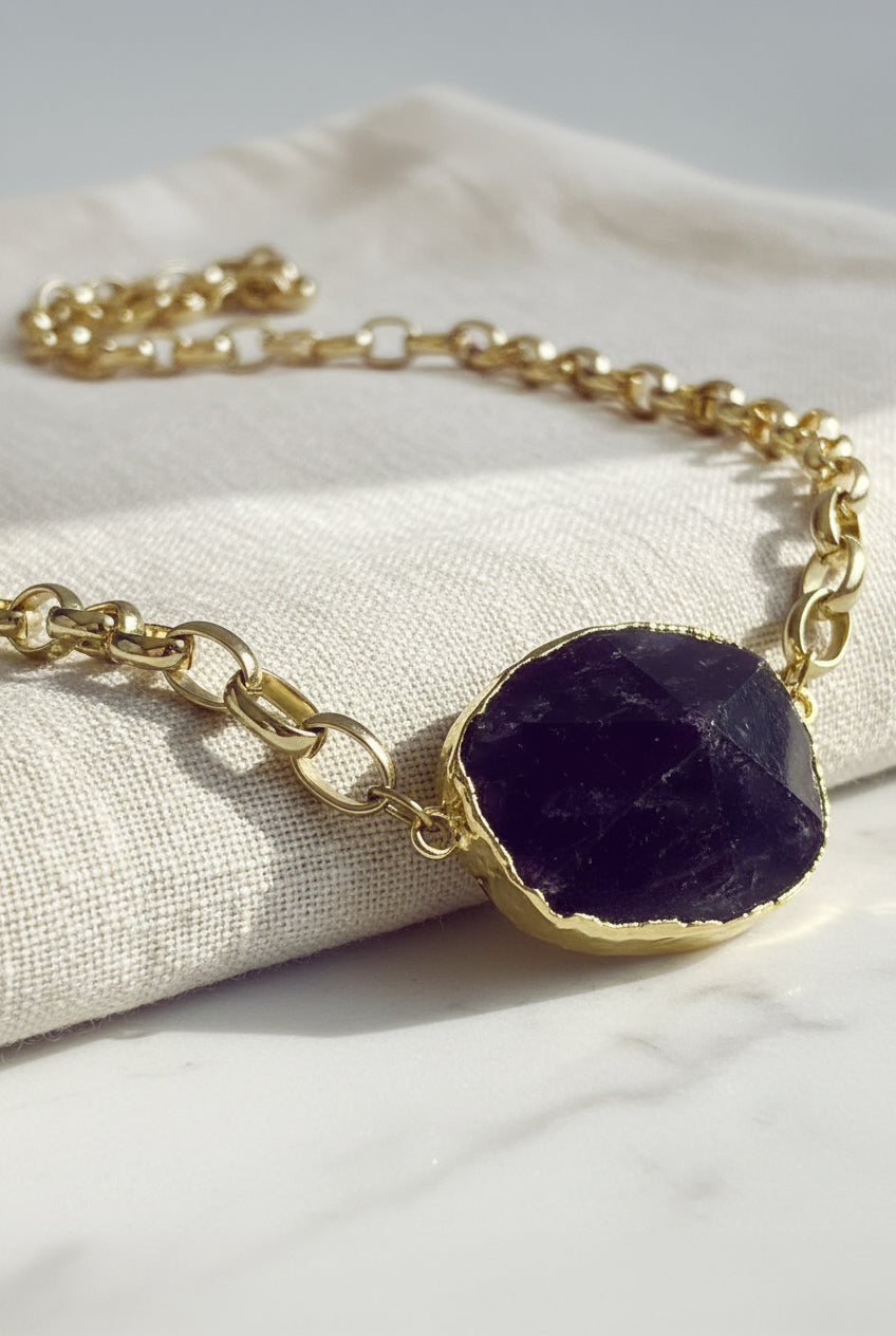Dark Amethyst Necklace & Bracelet Set 18K Gold Plated