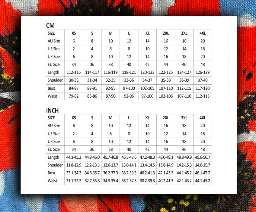 Size guide for Honeybee Garden A-Line Midi Dress