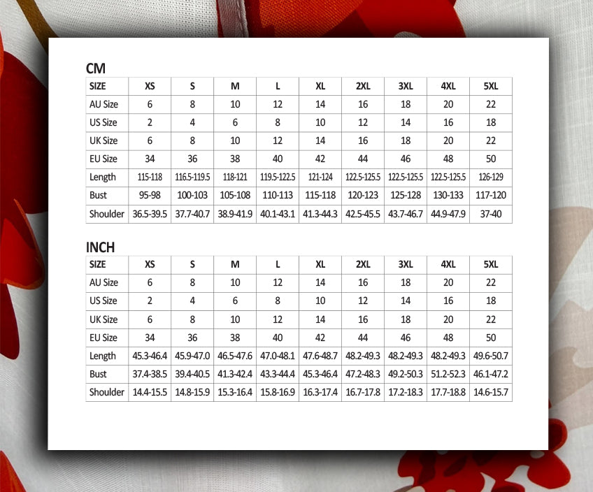 Size guide for Camellia Magnolia Pocket Midi Dress