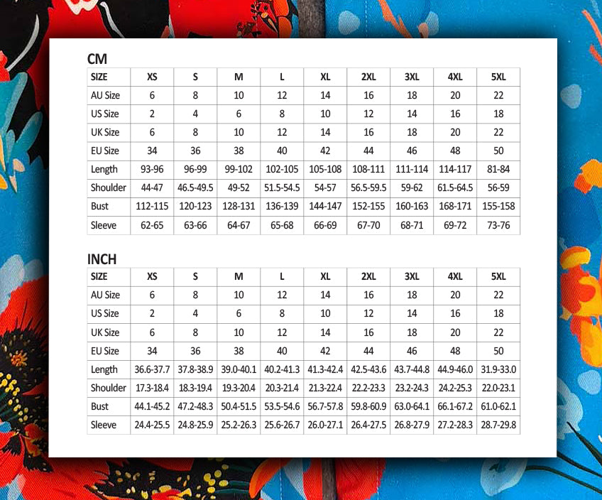 Size guide for Floral Bee Cotton & Fleece Coat